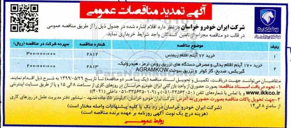 تمدید مناقصه, تمدید مناقصه خرید 72 آیتم اقلام زیمنس 