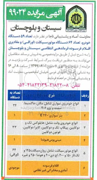 مزایده , مزایده تعداد 59 دستگاه خودرو، تعداد 64 دستگاه موتورسیکلت...