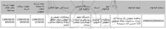 مناقصه عمومی یک مرحله ای احداث ساختمان پایگاه اورژانس 115 حسین آباد سربیشه