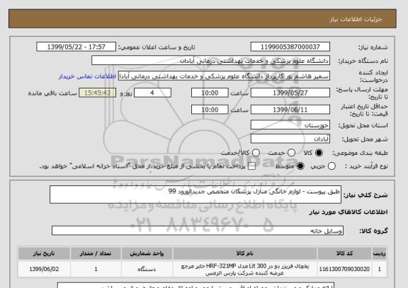استعلام طبق پیوست - لوازم خانگی منازل پزشکان متخصص جدیدالورود 99