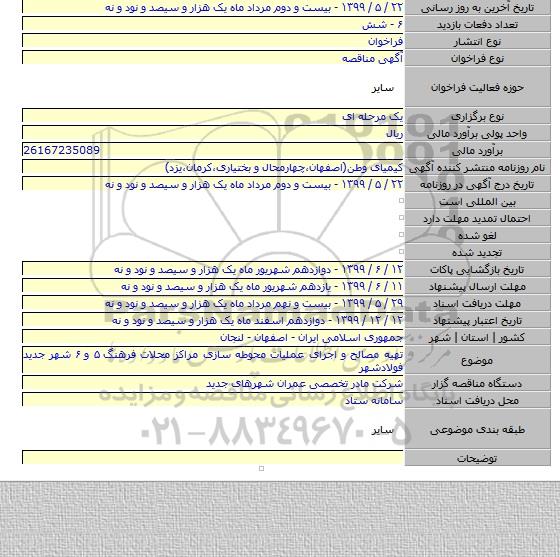 تهیه مصالح و اجرای عملیات محوطه سازی مراکز محلات فرهنگ ۵ و ۶ شهر جدید فولادشهر