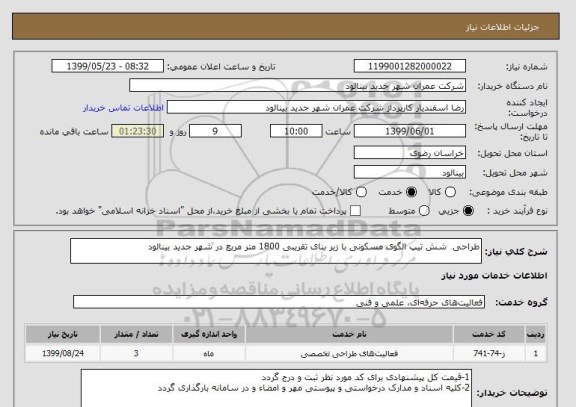 استعلام طراحی  شش تیپ الگوی مسکونی با زیر بنای تقریبی 1800 متر مربع در شهر جدید بینالود