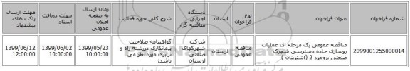 مناقصه عمومی یک مرحله ای عملیات روسازی جاده دسترسی شهرک صنعتی بروجرد 2 (اشترینان )