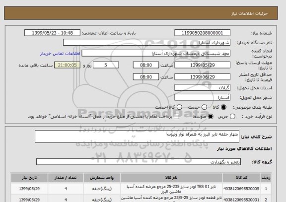 استعلام چهار حلقه تایر البرز به همراه نوار وتیوب