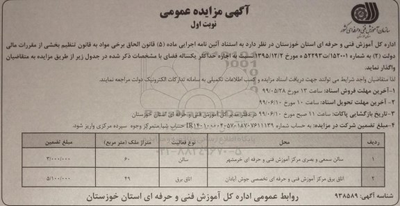 مزایده , مزایده اجاره سالن سمعی و بصری