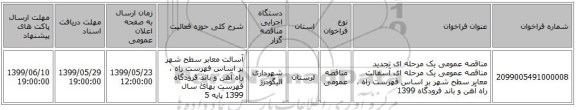 مناقصه عمومی یک مرحله ای تجدید مناقصه عمومی یک مرحله ای آسفالت معابر سطح شهر بر اساس فهرست راه ، راه آهن و باند فرودگاه 1399 