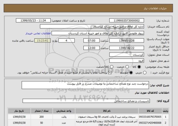 استعلام درخواست چند نوع مصالح ساختمانی با توضیحات مندرج در فایل پیوست 
