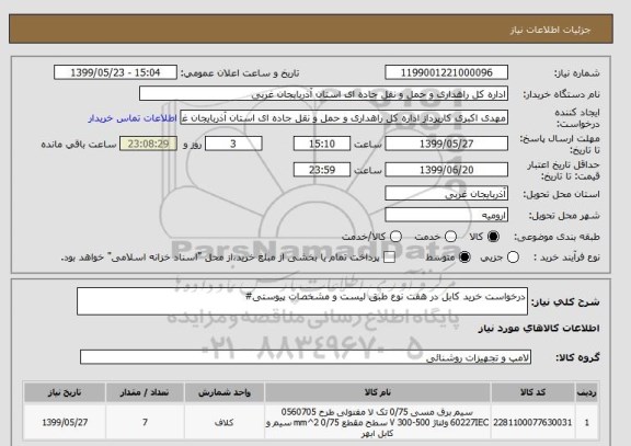 استعلام درخواست خرید کابل در هفت نوع طبق لیست و مشخصات پیوستی#