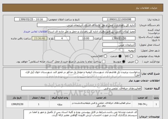 استعلام درخواست برچیدن پل هاشم آباد شهرستان ارومیه و مونتاژ پل مذکور در محور الند شهرستان خوی (پل قزل آغل)