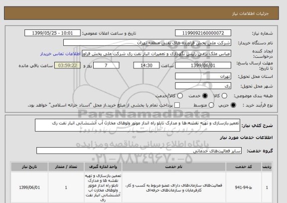 استعلام تعمیر،بازسازی و تهیه نقشه ها و مدارک تابلو راه انداز موتور ولوهای مخازن آب آتشنشانی انبار نفت ری