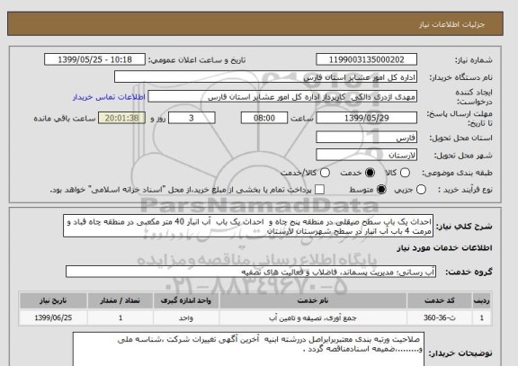 استعلام احداث یک باب سطح صیقلی در منطقه پنج چاه و  احداث یک باب  آب انبار 40 متر مکعبی در منطقه چاه قباد و مرمت 4 باب آب انبار در سطح شهرستان لارستان