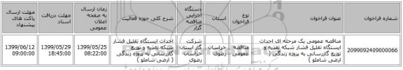 مناقصه عمومی یک مرحله ای احداث ایستگاه تقلیل فشار شبکه تغذیه و توزیع گازرسانی به پروژه زندگی ( ارضی شاملو )