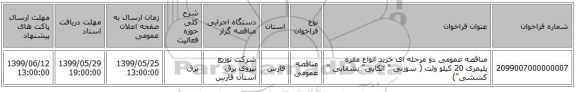 مناقصه عمومی دو مرحله ای خرید انواع مقره پلیمری 20 کیلو ولت ( سوزنی 