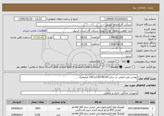 استعلام بوشن پلی اتیلنی در سایز 63-90-125 و 160 میلیمتری