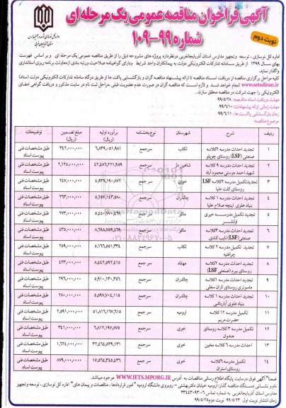 آگهی فراخوان مناقصه ,مناقصه احداث مدرسه 2 کلاسه صنعتی LSF  و ...- نوبت دوم 