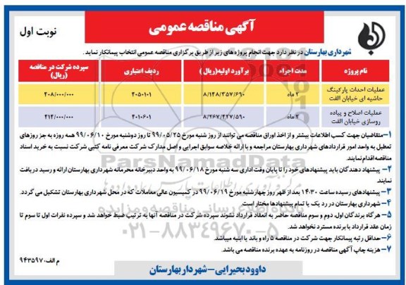 مناقصه ، مناقصه عملیات احداث پارکینگ حاشیه ای ...