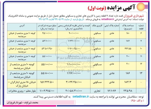 آگهی مزایده،مزایده فروش 7 قطعه زمین با وکاربری مسکونی