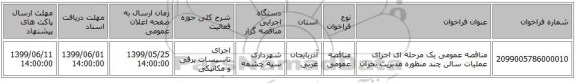 مناقصه عمومی یک مرحله ای اجرای عملیات سالن چند منظوره مدیریت بحران