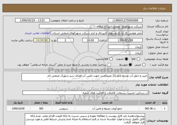 استعلام خرید و حمل آب توسط تانکر 12 مترمکعبی جهت تامین آب فضای سبز شهرک صنعتی انار