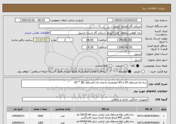 استعلام سه راه مساوی 25 و 63 میلیمتری و سه راه نامساوی 90 * 63