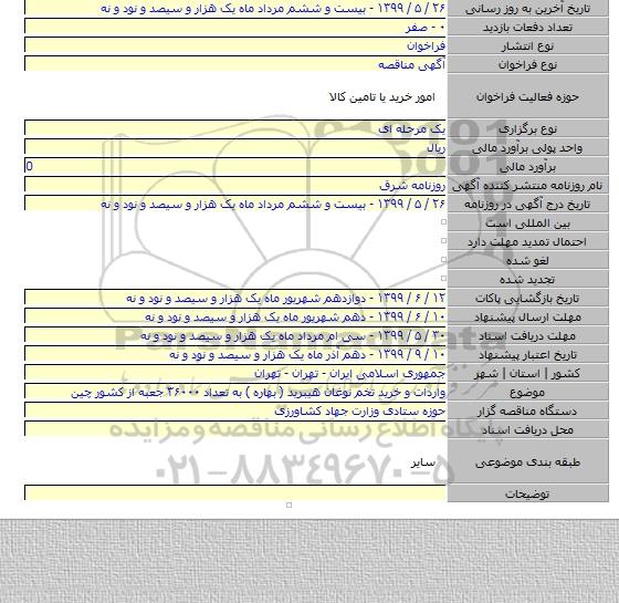واردات و خرید تخم نوغان هیبرید ( بهاره )  به تعداد ۳۶۰۰۰ جعبه از کشور چین