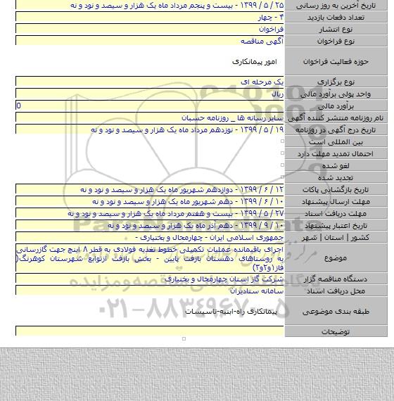 اجرای باقیمانده عملیات تکمیلی خطوط تغذیه فولادی به قطر ۸ اینچ جهت گازرسانی به روستاهای دهستان بازفت پایین - بخش بازفت ازتوابع شهرستان کوهرنگ( فاز۱و۲و۳)