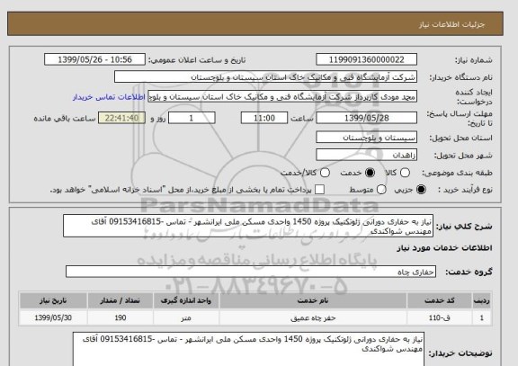 استعلام نیاز به حفاری دورانی ژئوتکنیک پروژه 1450 واحدی مسکن ملی ایرانشهر - تماس -09153416815 آقای مهندس شواکندی