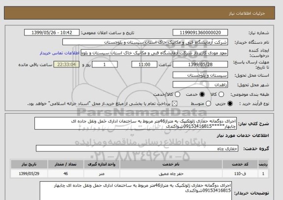 استعلام اجرای دوگمانه حفاری ژئوتکنیک به متراژ46متر مربوط به ساختمان اداری حمل ونقل جاده ای چابهار*****09153416815شواکندی