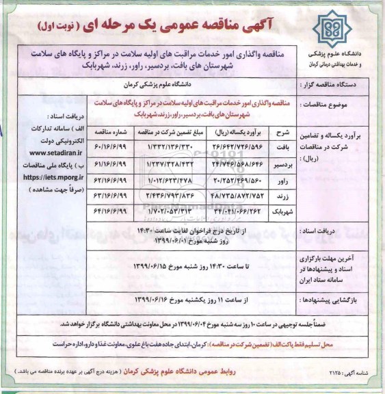 آگهی مناقصه عمومی , مناقصه واگذاری امور خدمات مراقبت های اولیه سلامت