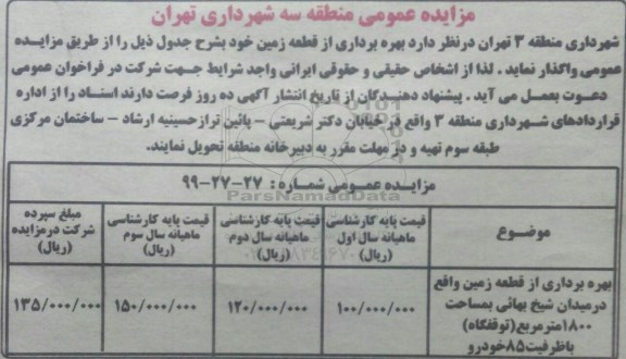 مزایده، مزایده بهره برداری از قطعه زمین 