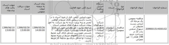 مناقصه عمومی یک مرحله ای ارزیابی زیست محیطی در شهرک صنعتی بناب 2( در مساحت حدود 198 هکتار ) - غیر عمرانی