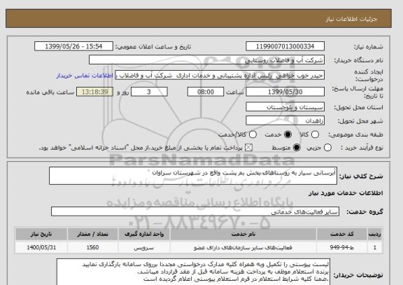 استعلام آبرسانی سیار به روستاهای بخش بم پشت واقع در شهرستان سراوان  