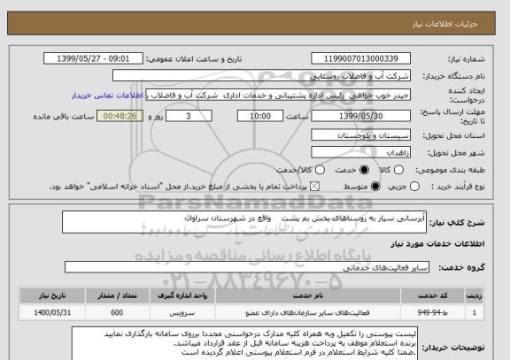 استعلام آبرسانی سیار به روستاهای بخش بم پشت    واقع در شهرستان سراوان   