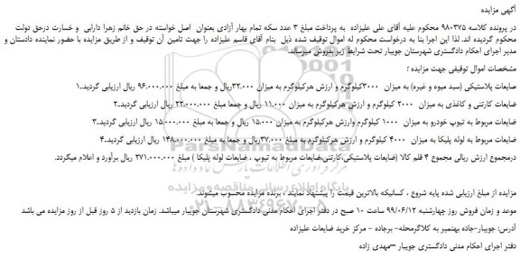 مزایده، مزایده فروش ضایعات پلاستیکی (سبد میوه و غیره) به میزان 3000کیلوگرم و...