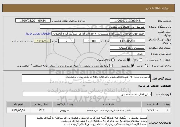 استعلام آبرسانی سیار به روستاهای بخش باهوکلات واقع در شهرستان دشتیاری  