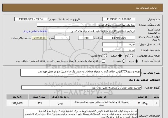 استعلام تهیه و سرو 1705پرس غذای گرم به همراه مخلفات به مدت یک ماه طبق منو در محل مورد نظر