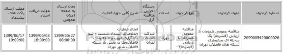 مناقصه عمومی همزمان با ارزیابی (فشرده) یک مرحله ای ویدئومتری شبکه های فاضلاب تهران 