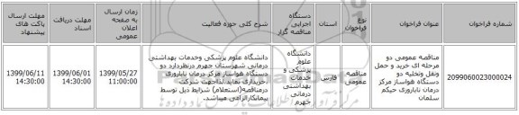 مناقصه عمومی دو مرحله ای خرید و حمل ونقل وتخلیه دو دستگاه هواساز مرکز درمان ناباروری حیکم سلمان