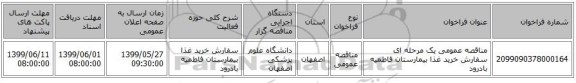 مناقصه عمومی یک مرحله ای سفارش خرید غذا بیمارستان فاطمیه بادرود