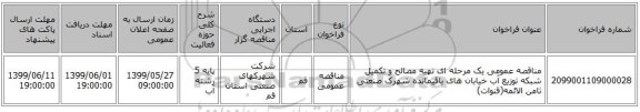 مناقصه عمومی یک مرحله ای تهیه مصالح و تکمیل شبکه توزیع آب خیابان های باقیمانده شهرک صنعتی ثامن الائمه(قنوات)