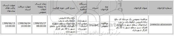مناقصه عمومی یک مرحله ای دفع زباله،لایروبی ایگوها،رفت و روب خیابانهای سطح شهر و نگهداری فضای سبز سطح شهر با 35 نفر کارگر شهرداری
