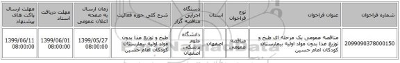 مناقصه عمومی یک مرحله ای طبخ و توزیع غذا بدون مواد اولیه بیمارستان کودکان امام حسین