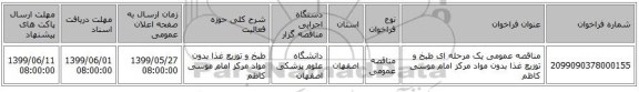 مناقصه عمومی یک مرحله ای طبخ و توزیع غذا بدون مواد مرکز امام موسی کاظم 