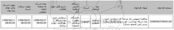 مناقصه عمومی یک مرحله ای سفارش خرید غذا شبکه بهداشت خور و بیابانک(مرکز درمان بستر ثامن الحجج جندق)