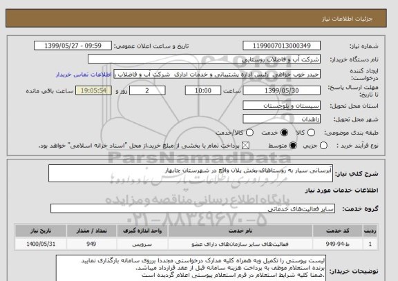 استعلام آبرسانی سیار به روستاهای بخش پلان واقع در شهرستان چابهار   