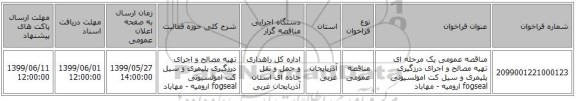 مناقصه عمومی یک مرحله ای تهیه مصالح و اجرای درزگیری پلیمری و سیل کت امولسیونی fogseal ارومیه - مهاباد