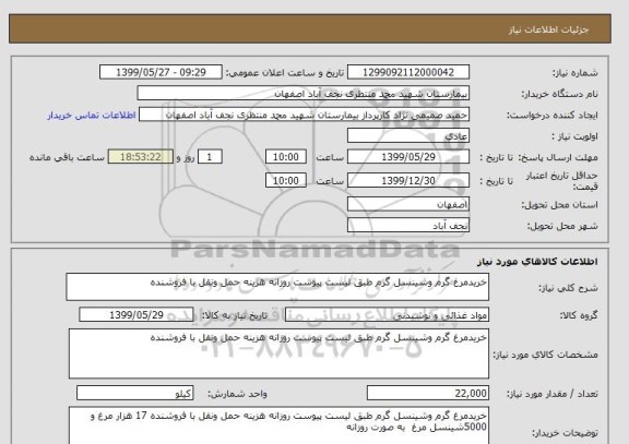 استعلام خریدمرغ گرم وشینسل گرم طبق لیست پیوست روزانه هزینه حمل ونقل با فروشنده