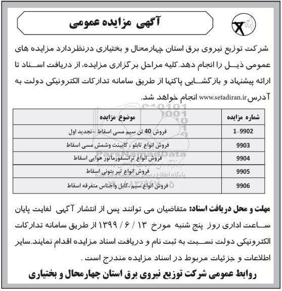 مزایده، مزایده فروش 40 تن سیم مسی اسقاط و ...
