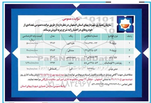 مزایده , مزایده فروش تعدادی از خودروهای در اختیار