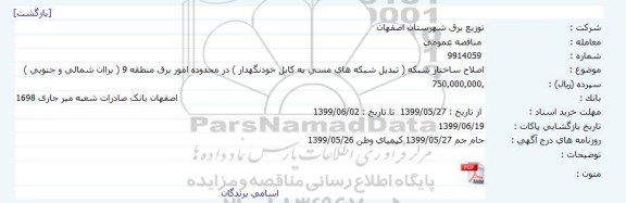 مناقصه اصلاح ساختار شبکه تبدیل شبکه های مسی به کابل خودنگهدار